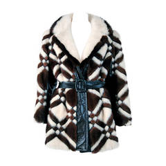 1960's Luxurious White & Brown Patchwork Mink Fur Leather Belted Jacket Coat