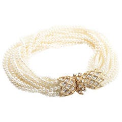 Fifteen Strand Pearl Diamond Yellow Gold Bracelet