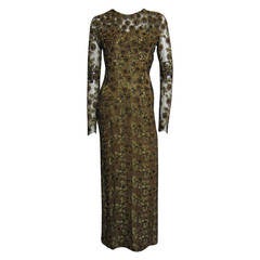 1960s Beaded Daisy Print Gown With Sheer Detail