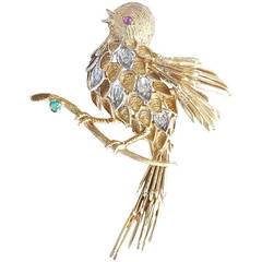 Rossi Emerald Ruby Diamond Gold Bird Brooch