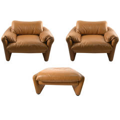 Three peices of Vico Magistretti for Cassina 2 Club Chairs and 1 Ottoman