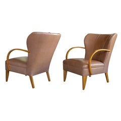 Large-Scaled Pair of Swedish 1940s Wingback Chairs with Bentwood Arms