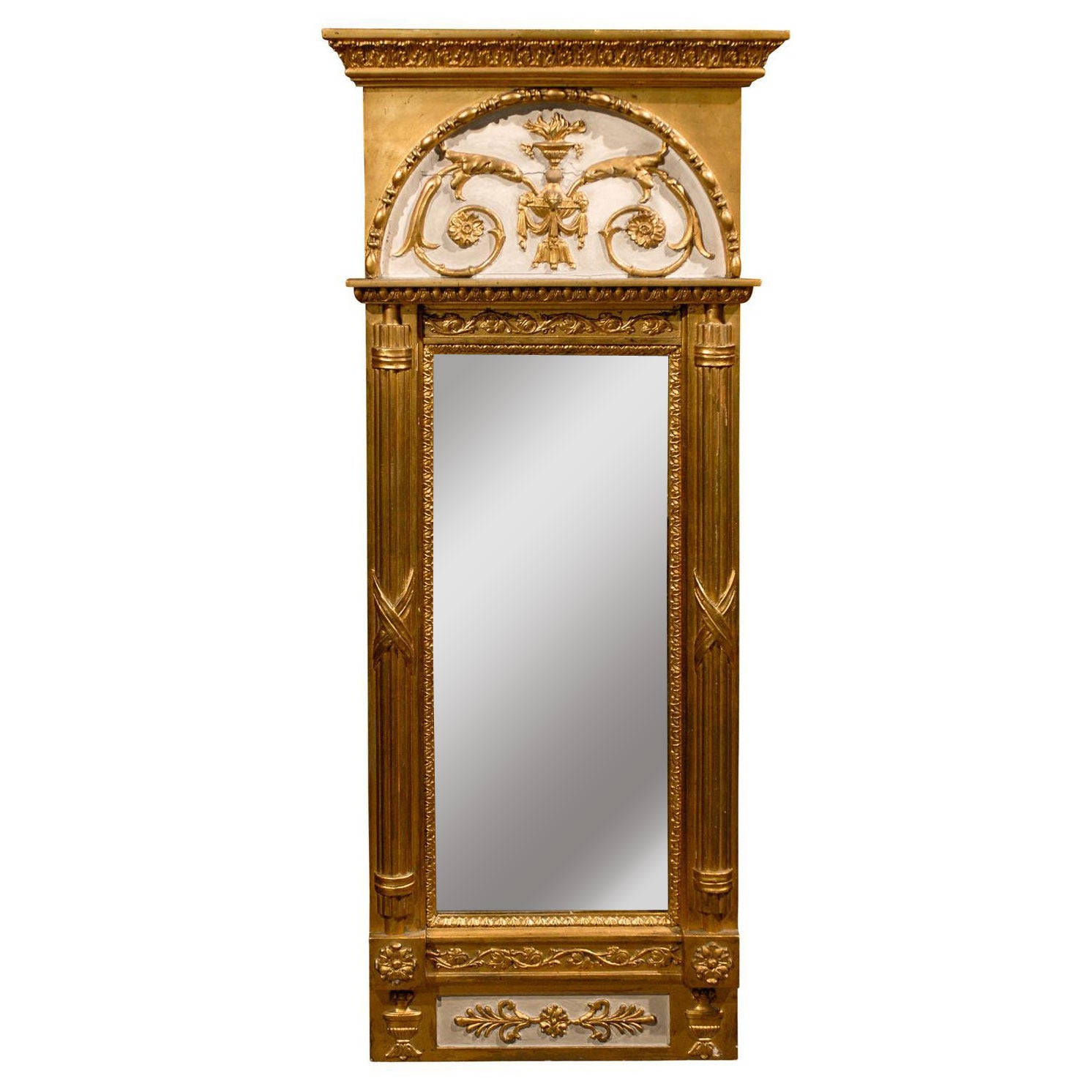 French Louis XVI Style Early 19th Century Narrow Giltwood Trumeau Mirror For Sale