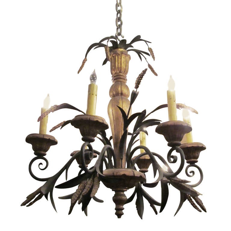 1970s French Gold Painted Six Light Iron Chandelier With Wheat 1970s French Gold Painted Six Light Iron Chandelier With Wheat Sheafs For