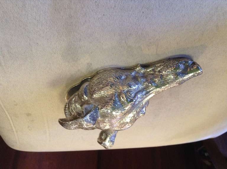Wonderful large English silver plated dog head paper clip. When the back is pressed down his mouth opens. The detail on this item is just fabulous.