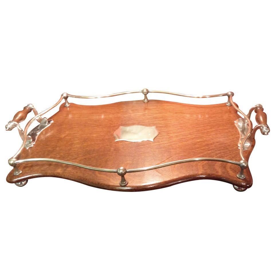 English Oak and Silver Plate Gallery Tray