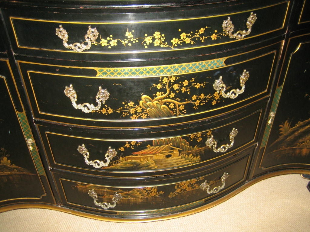 20th Century SERPENTINE FRONT BLACK LACQUER SIDEBOARD IN THE CHINOISERIE DESI For Sale