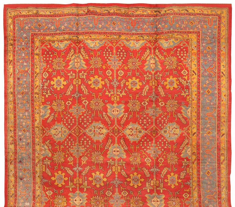 Antique 19th century Turkish Oushak carpet. Contact dealer.
Measures: 13.6 x 11.7.
 