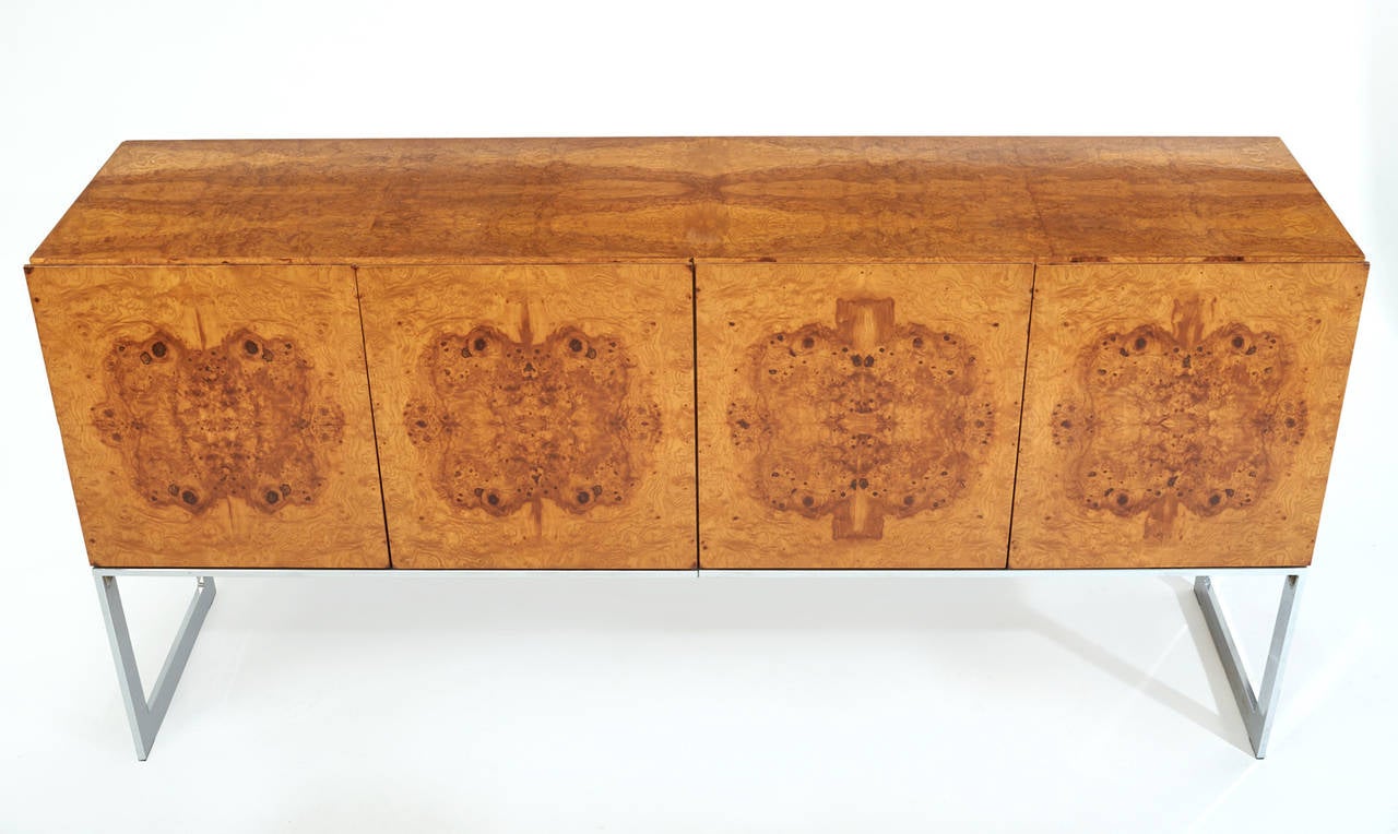 Early 1970s Burl Wood and Chrome Buffet or Credenza Designed by Milo Baughman 1