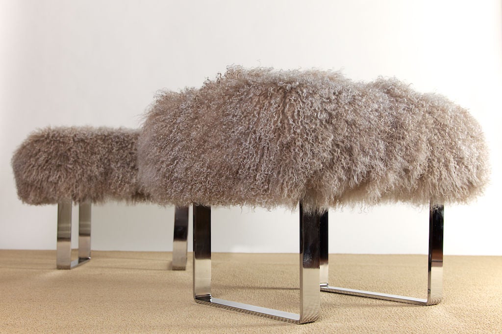 Light, soft grey Tibetan Lamb wool stools with high-quality solid chrome legs in excellent condition.