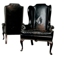 Two Early 1940s Wingback Black Leather Chairs