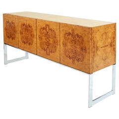 Early 1970s Burl Wood and Chrome Buffet or Credenza Designed by Milo Baughman