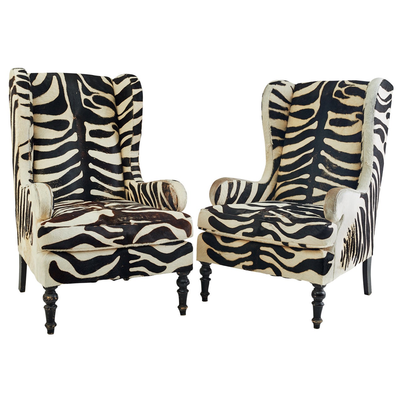 20th Century Faux Zebra Wingback Chairs