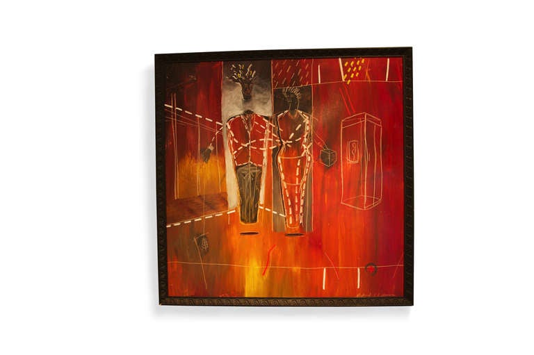 You are viewing a large and very vivid surreal oil on board of two figures by American artist Michael Latenero. Reds, oranges, yellows, whites and shades of grays light up this his work. The painting has a wooden carved frame in blackish gray with
