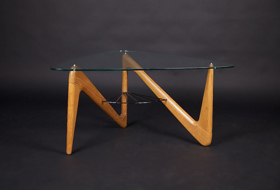 Mid-Century Modern Louis Sognot Coffee Table in Oak and Glass