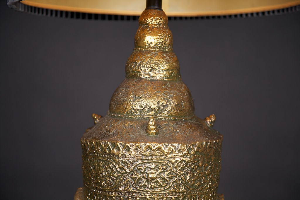 Gold-Leaf Asian Table Lamp with Original Shade For Sale 2