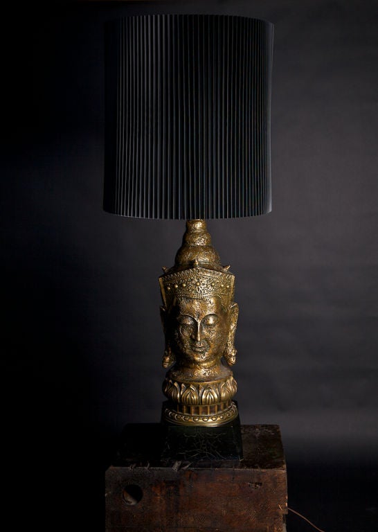 Mid-20th Century Gold-Leaf Asian Table Lamp with Original Shade For Sale