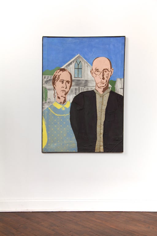 This is a 1969 signed painting in a mixed media with a Pop Art motif, stylized after Grant Wood's famous painting, 