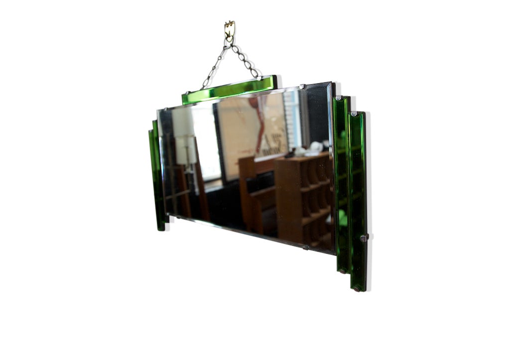 Art Deco Era Hanging Mirror, with Green Glass Accents In Excellent Condition In New Rochelle, NY