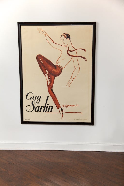 Guy Sarlin was a dancer of the 1920s who was quite known in Paris. This lithograph was created by a talented artist, Charles Gesmar, a favorite in that period. Lithograph is mounted on canvas, beautifully framed in wood, with a glass overlay.