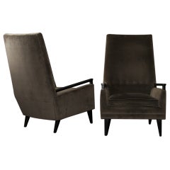 Pair of Buttoned Grey Tall Back Lounge Chairs