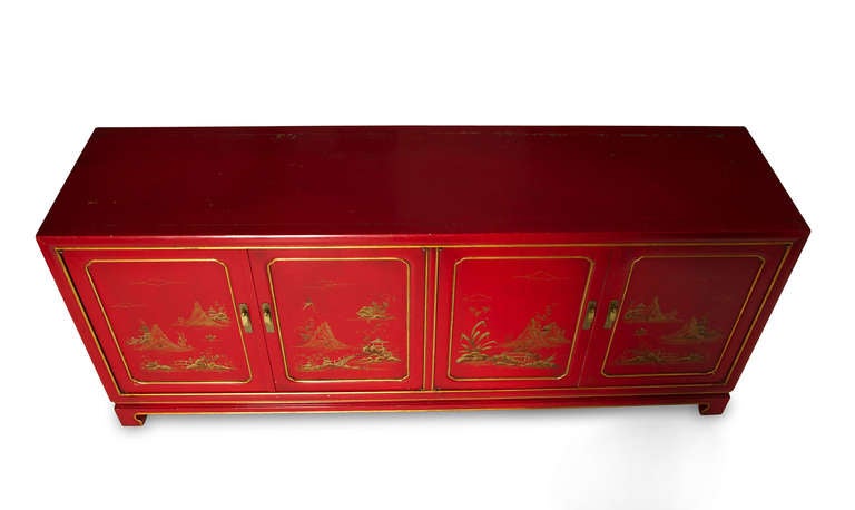 American Red Lacquer Chinoiserie Credenza by John Widdicomb