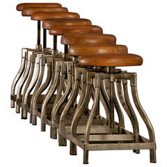 Set of Eight 1920s Jeweler Stools with Brown Leather Seats
