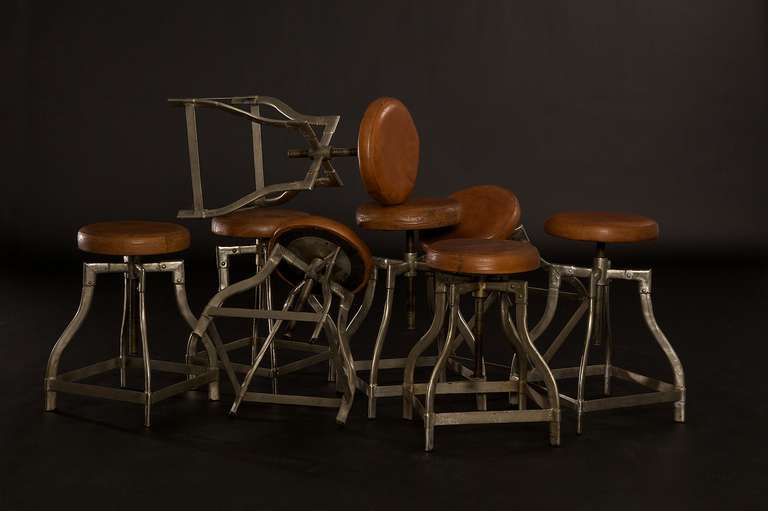 Set of Eight 1920s Jeweler Stools with Brown Leather Seats 3