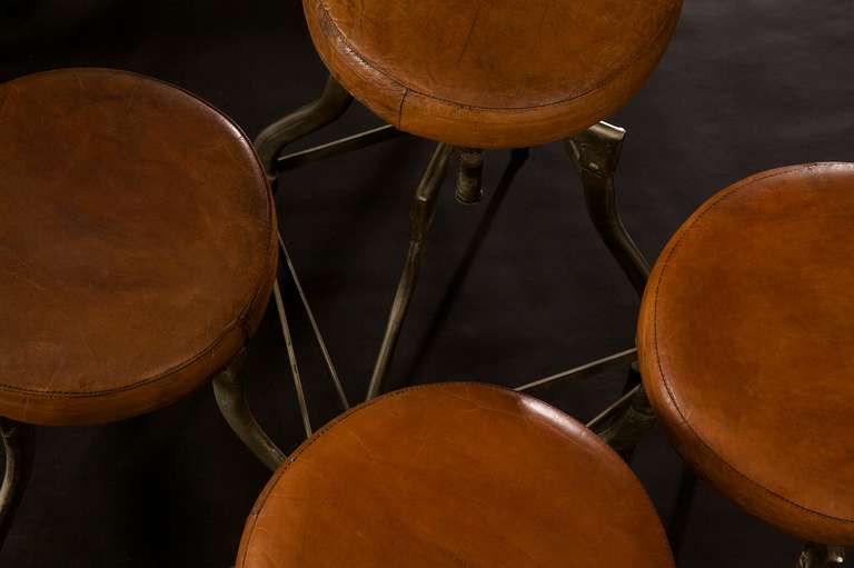 Set of Eight 1920s Jeweler Stools with Brown Leather Seats 1
