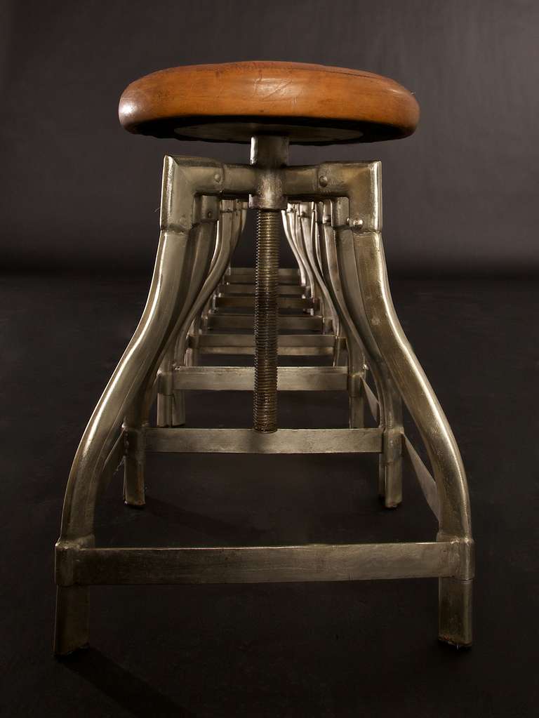 Metal Set of Eight 1920s Jeweler Stools with Brown Leather Seats