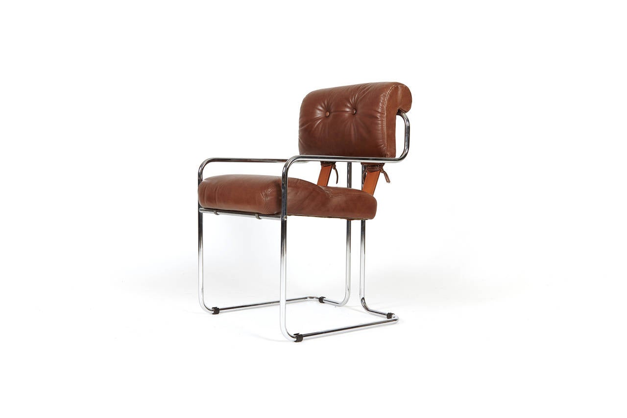 You are looking at an original set of eight saddle and chrome signed Guido Faleschini Leather Chairs, designated 