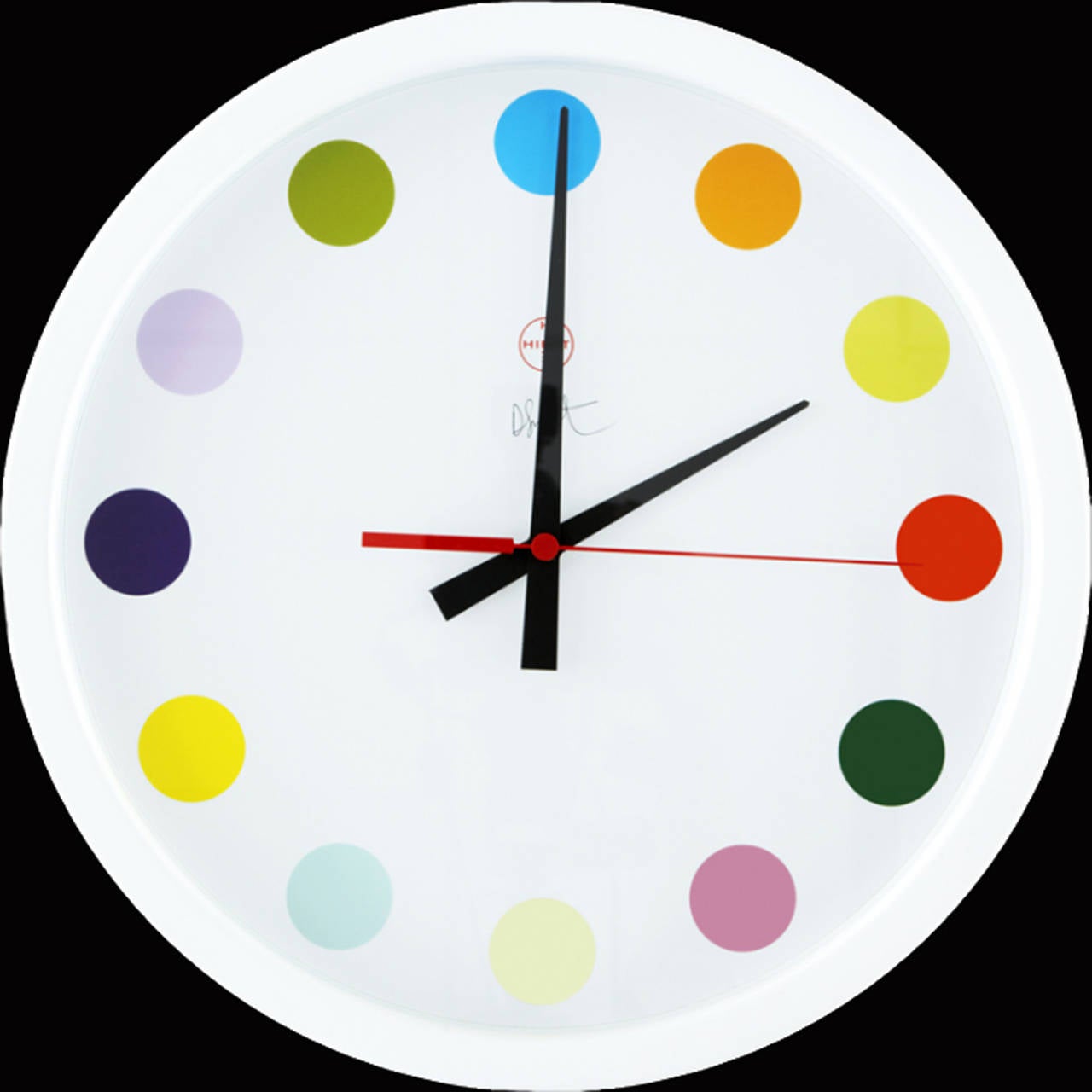 The spot clock uses Damien Hirst's popular spot paintings as its face, the front of which is printed with his signature and the Hirst/Hirst logo. The wall-mounted features a German quartz movement and is made of powder-coated metal.

Damien