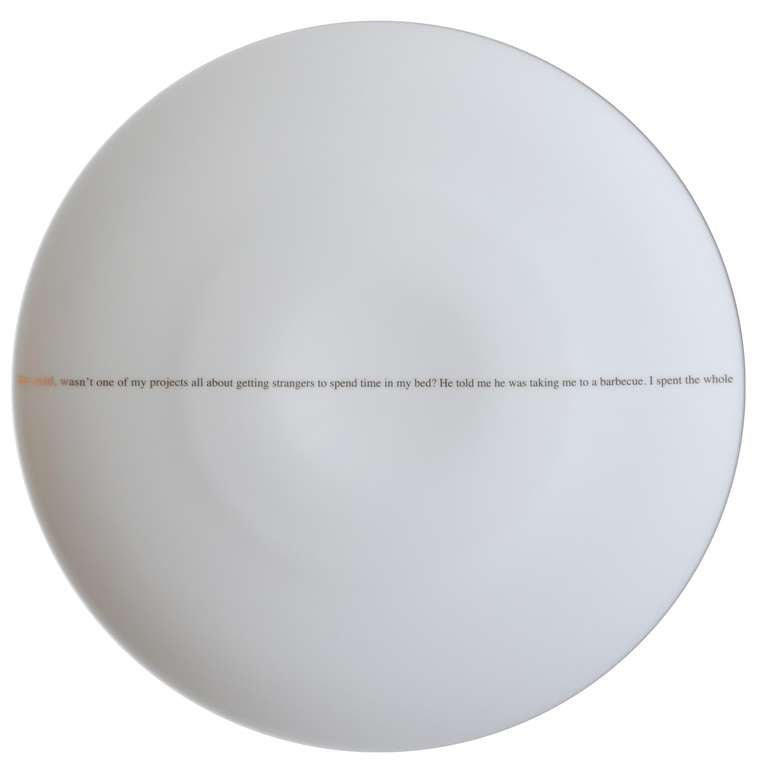 This dinner service by Sophie Calle consists of six porcelain dinner plates fabricated by Bernardaud. Each plate tells a portion of a story told by Calle entitled, 