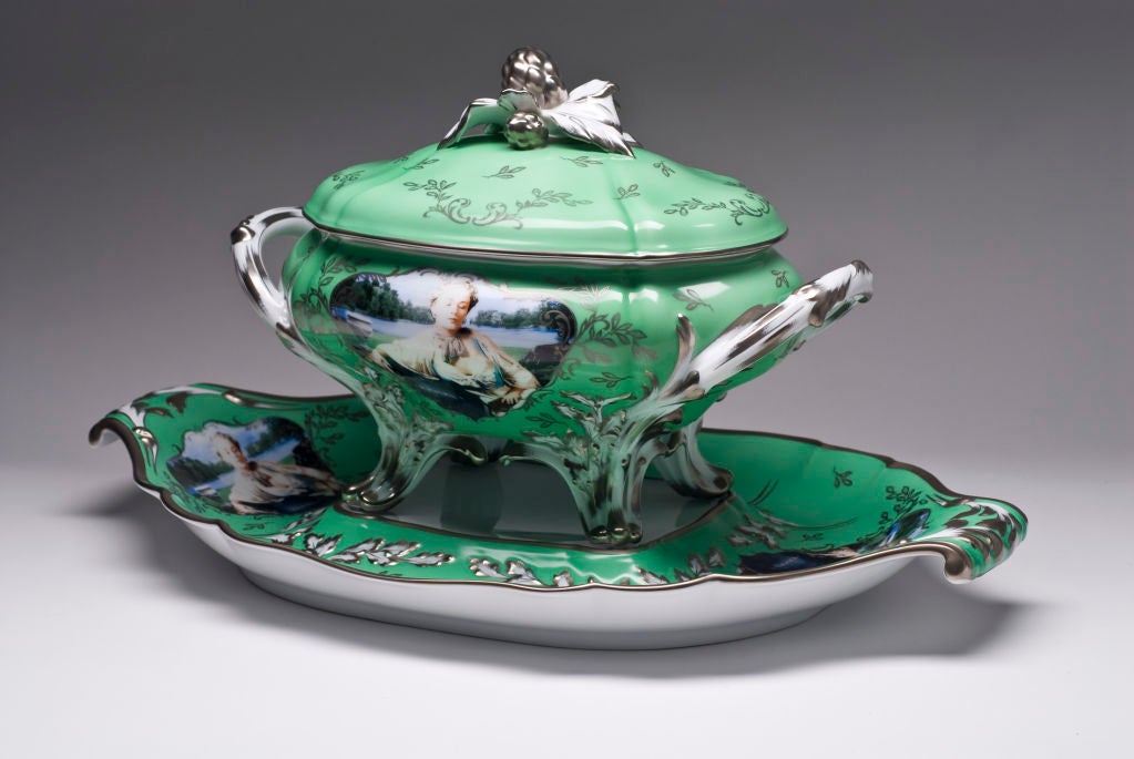 Cindy Sherman has created this Limoges porcelain tureen set in a limited edition after the original design commissioned by Madame de Pompadour (née Poisson) in 1756 at the Manufacture Royale de Sevres.

The self-portrait image of the artist as