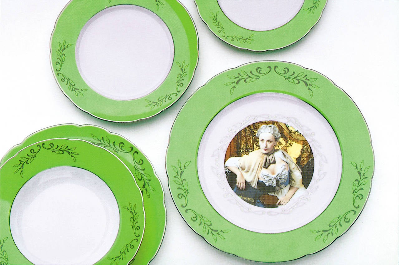 Cindy Sherman.

Madame de Pompadour (née Poisson), designed 1990.
30-piece porcelain dinner service: including six each of presentation plates, dinner plates, salad plates, rimmed soup bowls and dessert plates.
Dimensions vary.
Edition of 75