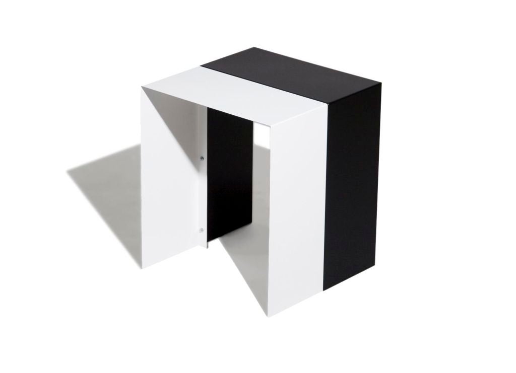 Twin table
designed 2006 / fabricated now
powder coated steel
Measures: 20 h. x 17 x 17 inches

Available in three colors:
RAL 9017/traffic black and white
RAL 7035/light grey and white
RAL 1023/traffic yellow and white

Twin table is a