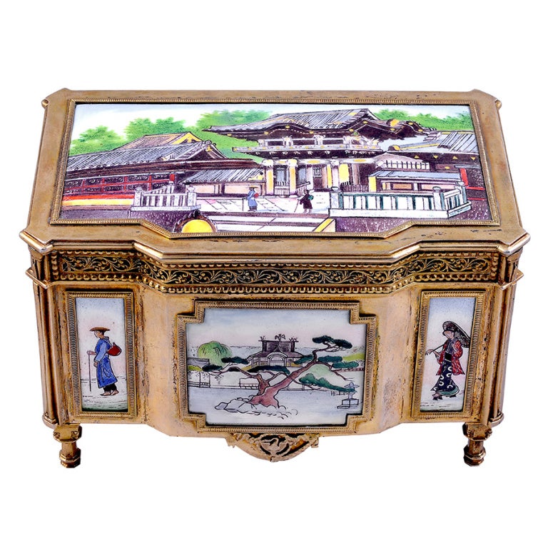 Silver Gilt Jewelry Casket with Japanesque Enamel Panels