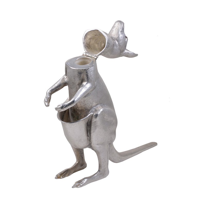 A Rare Silver Kangaroo. Probably a decorative table object. The head is hinged and inside there is a room for possibly a lighter. This piece has only sterling marks.