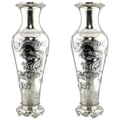 Chinese Export Dragon Silver Vases