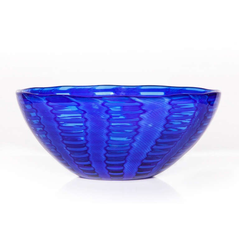 Italian Murano Blue and White Cane Bowl by Cenedese