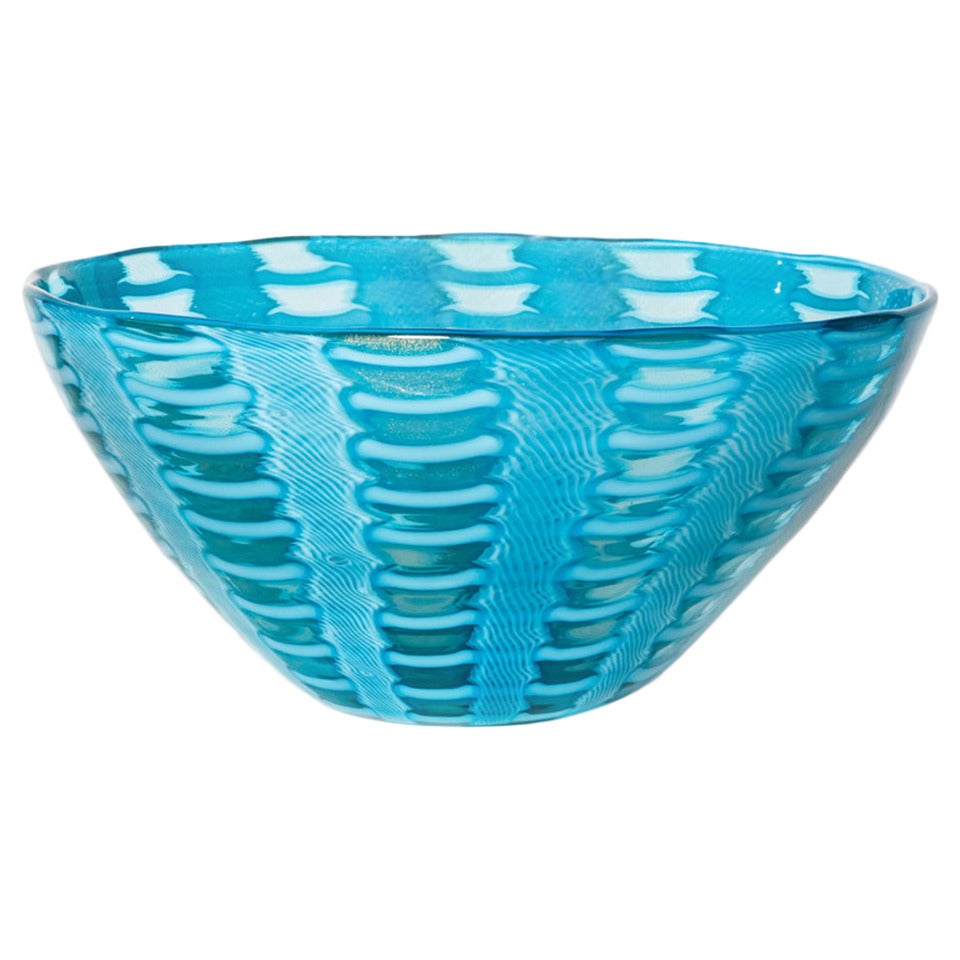 Murano Turquoise and White Cane Bowl by Cenedese For Sale