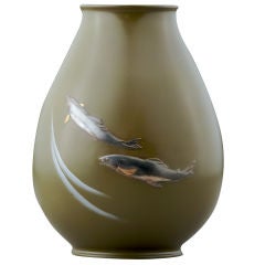 Japanese Bronze Vase with Applied Silver Fish