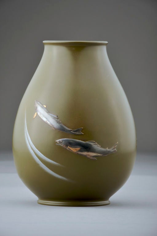 Japanese Bronze Vase with Applied Silver Fish