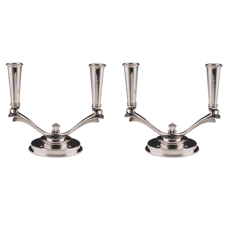 Pair of GEORG JENSEN Pyramid Two-branch Candelabra For Sale