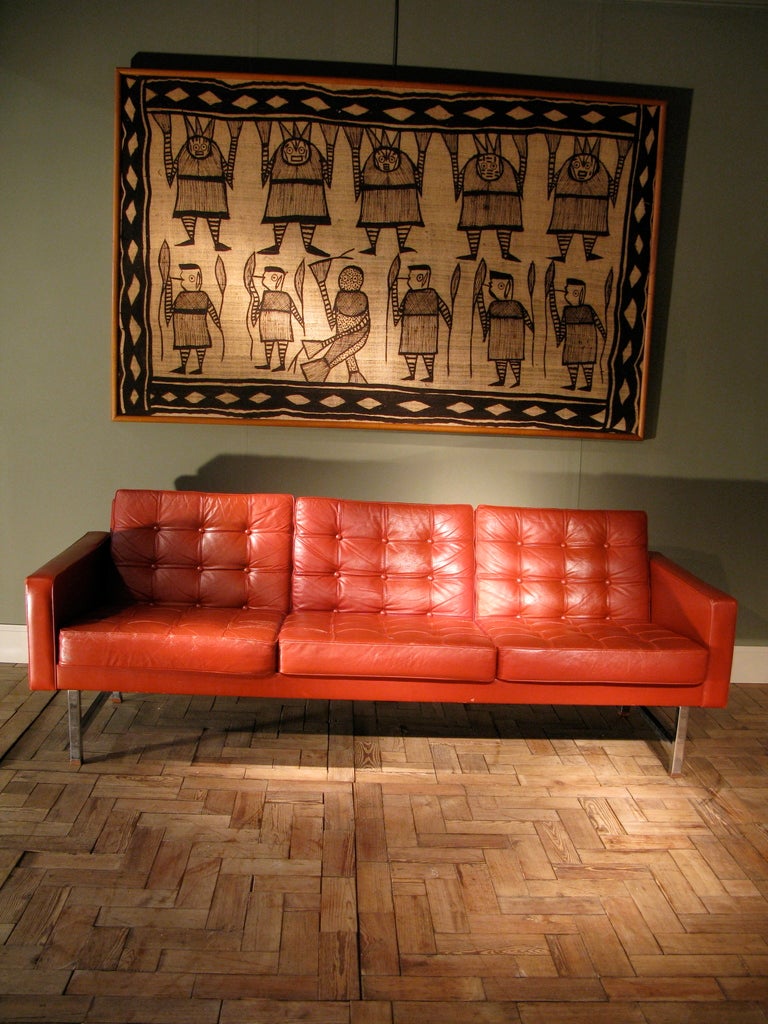 A very stylish and comfortable circa 1970s, Leather sofa, retaining the original red leather, on a steel frame with detailed oak feet, that will work very well in a contemporary setting.
Note that we have also available the matching armchair.