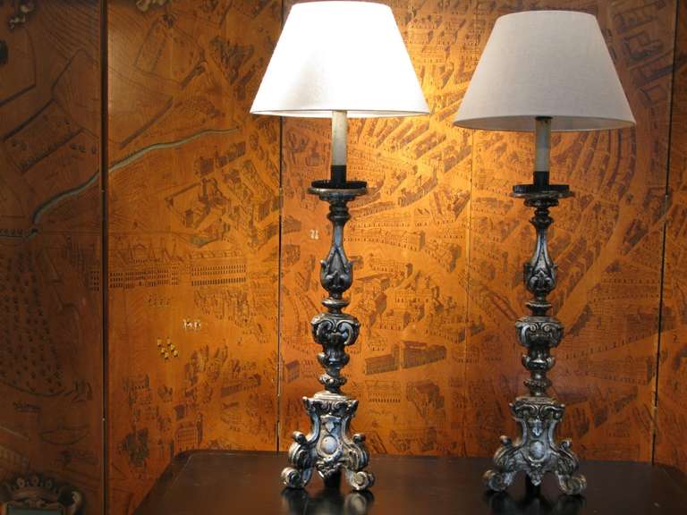 Pair of Late 18th Cent Silver gilded Altar Candlesticks