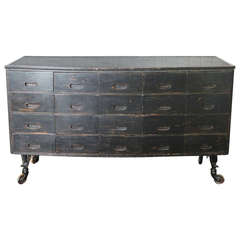 Circa 1940s Industrial Ebonised Bank of Drawers with Zinc Top