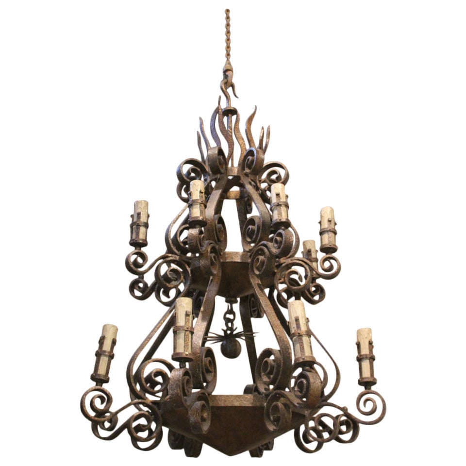 Spectacular 1950s Spanish Wrought Iron Chandelier For Sale
