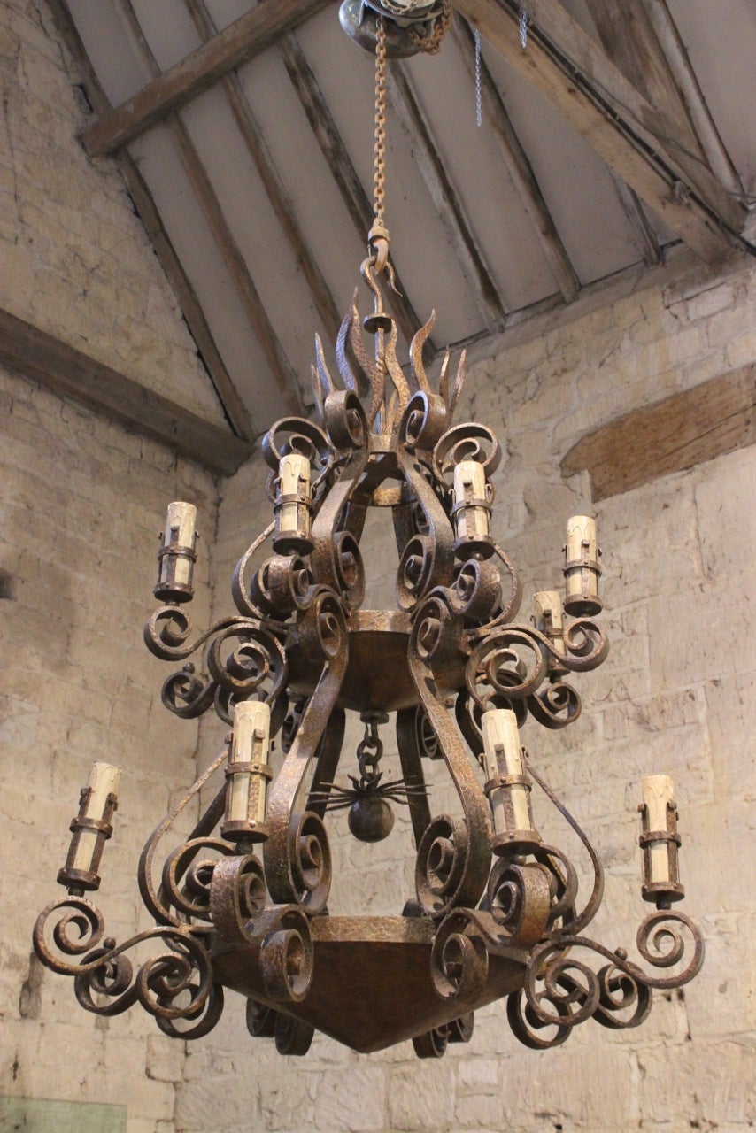 Mid-20th Century Spectacular 1950s Spanish Wrought Iron Chandelier For Sale