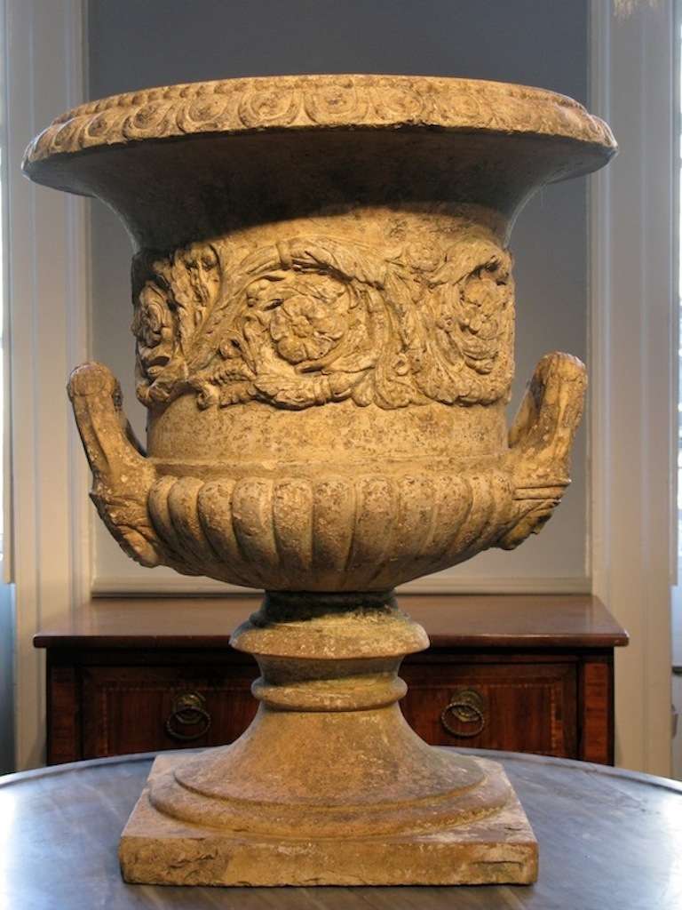 Wonderful, and of large proportions 19th century English terracotta garden urn, with great detail, attributed to John Marriot Blashfield. 

*Restorations and losses. 

Additional Measurements: 24.2 inches (diameter) / 15.3 inches (square base)